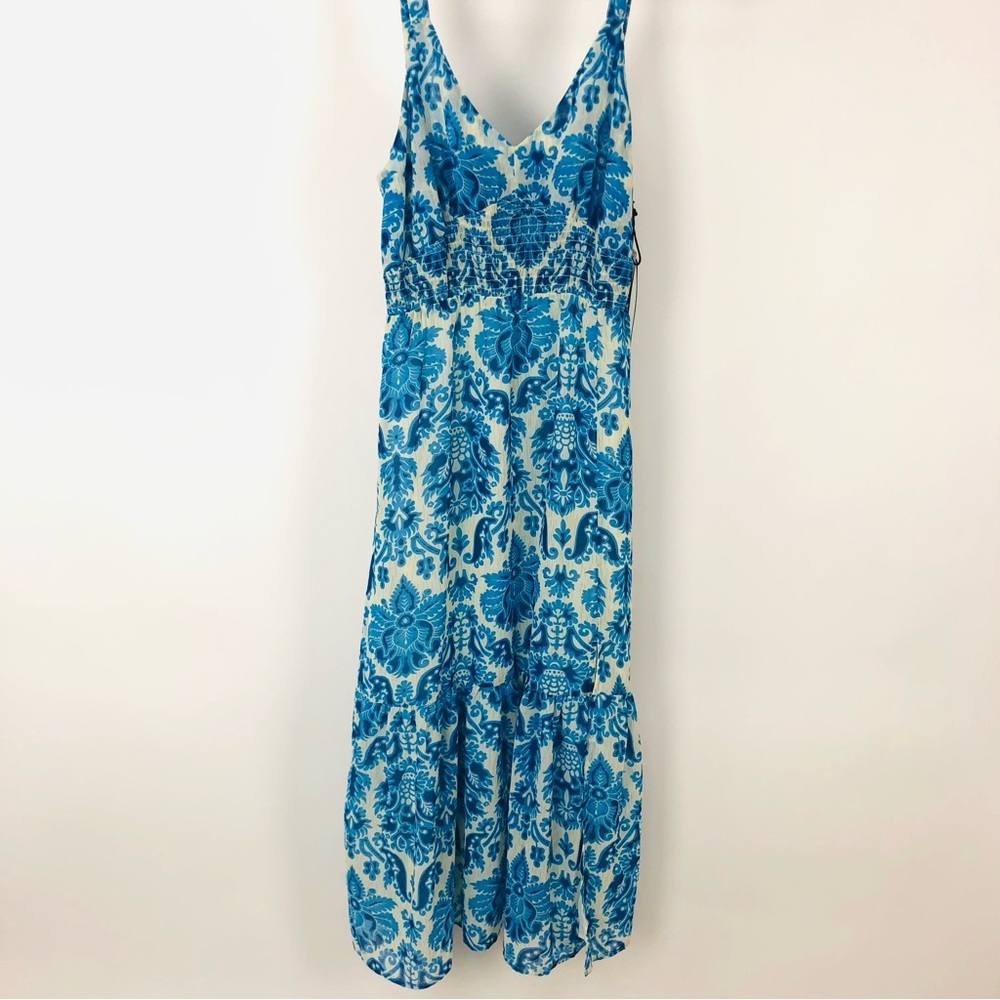 NWT Black Tape‎ Blue Damask Printed Leg Slit V-Neck Sundress Maxi Midi Dress - Picture 3 of 8